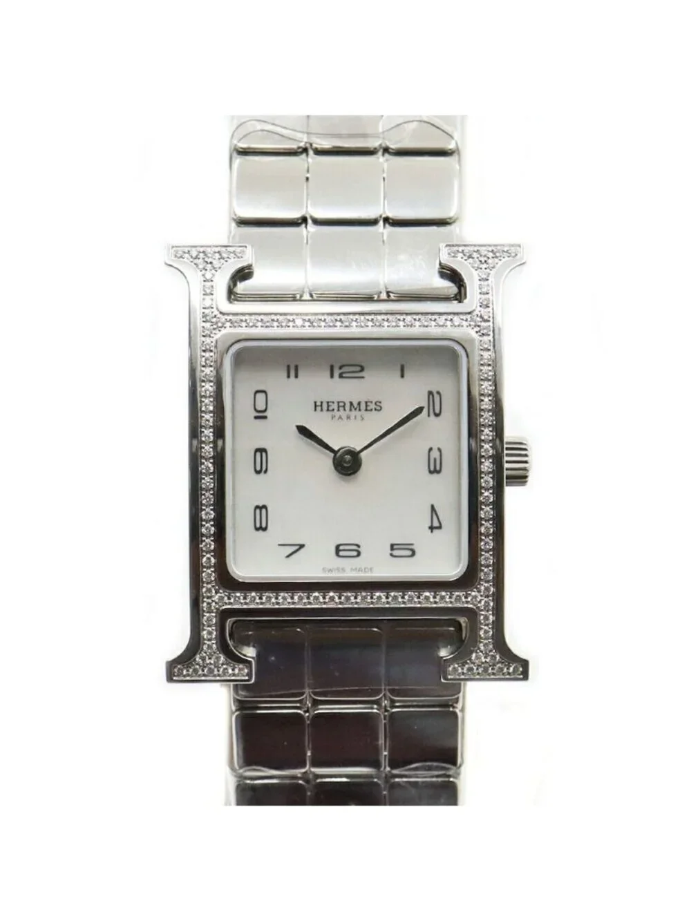 Hermes H Watch White Shell Diamond Bezel SS Quartz